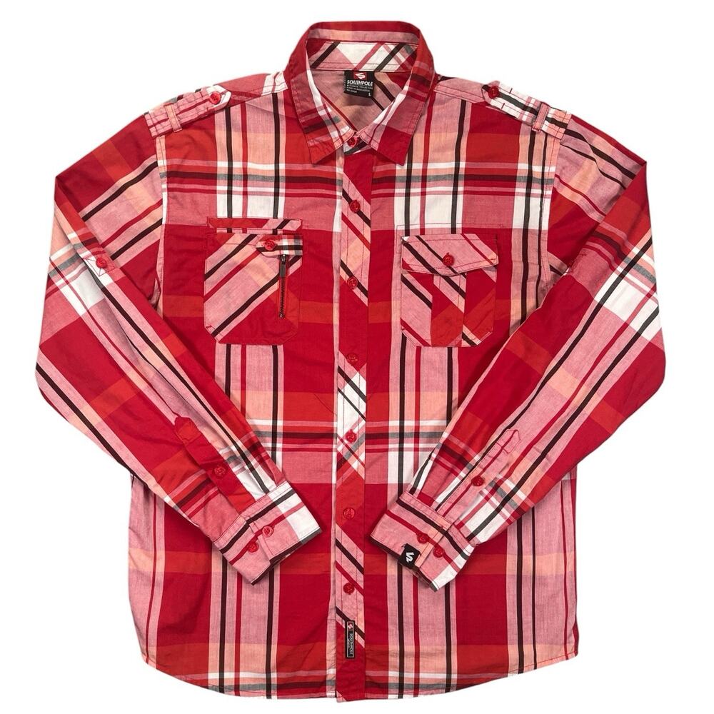 Southpole Mens Plaid L Button Down Shirt Red White Navy Blue Long Sleeve